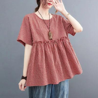 Sommer Damen Halbarm O-Ausschnitt Bluse Damen kariertes Hemd Falten elegant Arbeits Oberteile Lässig Locker Hemdbluse