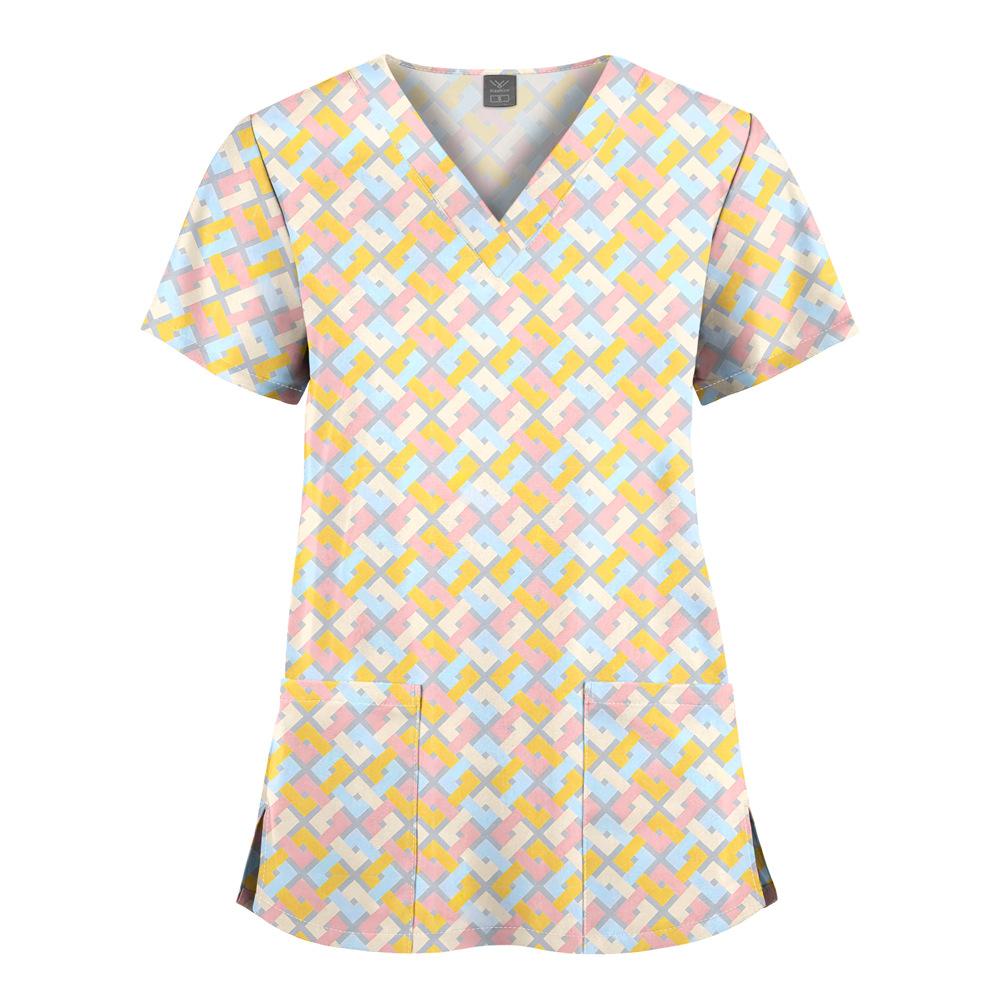 Quick-Drying Printed T-Shirt Short-Sleeved V-Neck Dental Oral Hand Wash Clothes Beauty Salon Pet Hospital Doctor Nurse Overalls