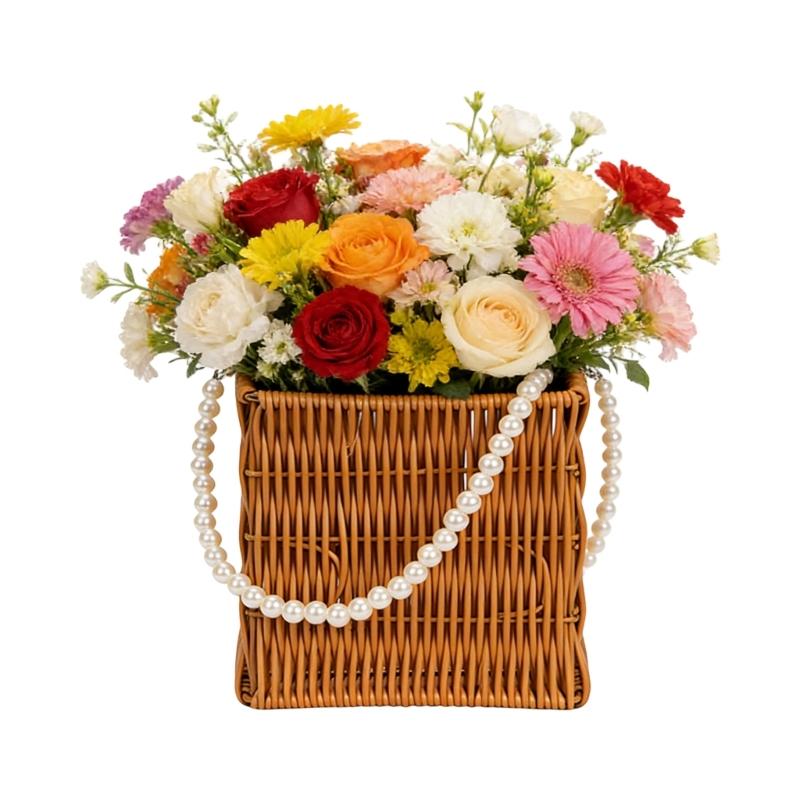 

Natural Looking Styles Hand Carry Basket With Stylish Pearls For Home Decoration