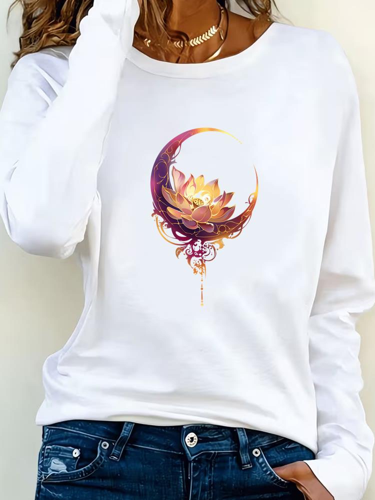 (Asian Size) Tee Lady Printed o-neck trend flower lovely Long Sleeve T Shirt Women Female Clothing Casual Fashion Top Graphic T-shirts