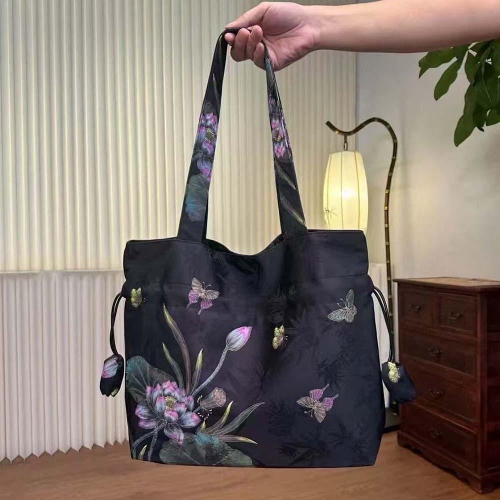 Retro Hanfu Drawstrings Bag Flower Embroidery Handbag Chinese Printed Shoulder Pouch  Outdoor