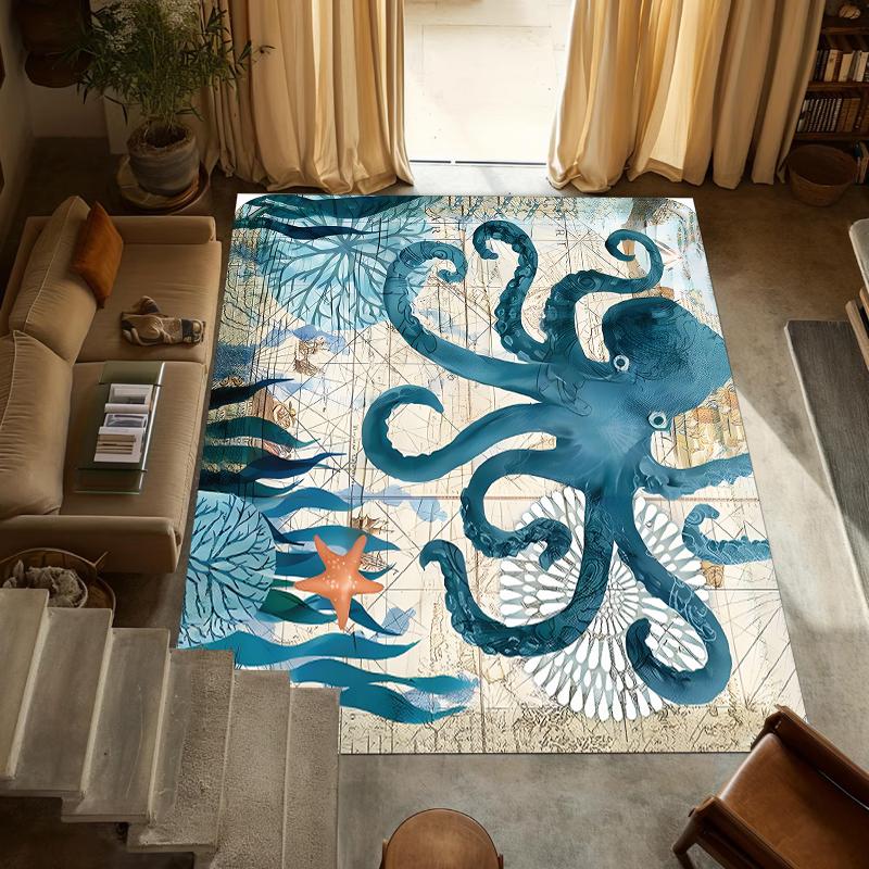 

Vintage Octopus Pattern Carpet Mat Rug Home Decoration Living Room Bedroom Retro Nautical Sea Life Design Non Slip Durable 40X60cm