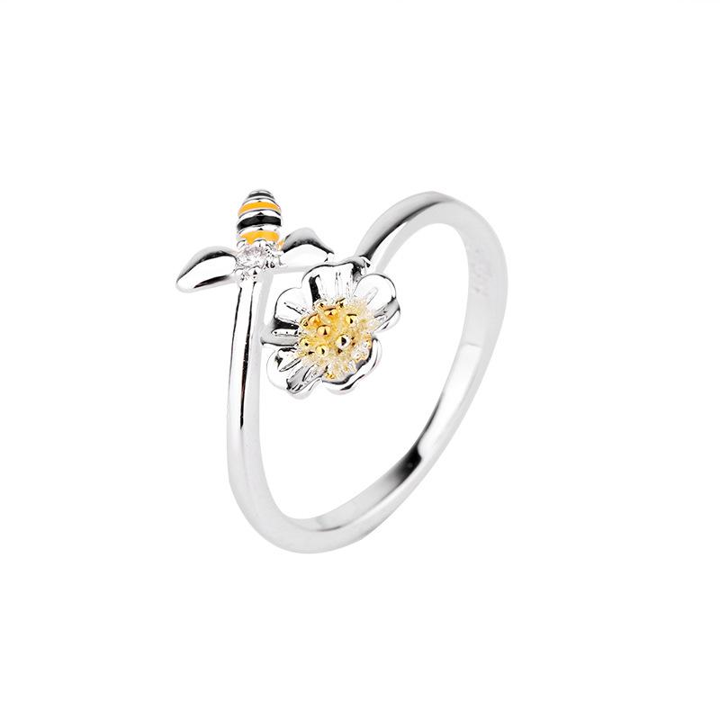 New Fashion Beautiful Flower Bee 925 Sterling Silver Jewelry Female Simple Sweet Cartoon Opening Rings R400