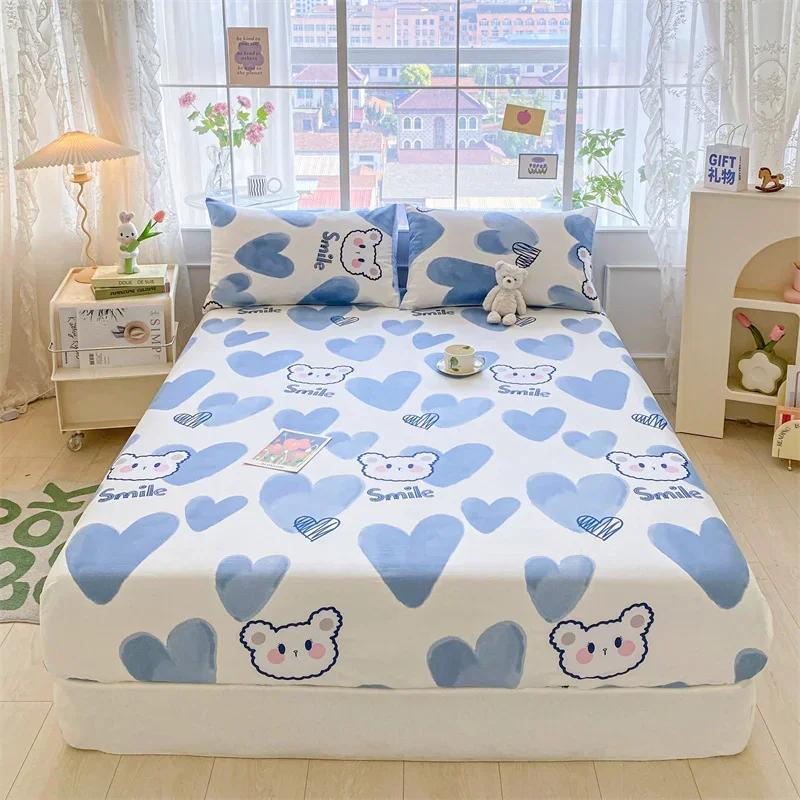 Kawaii Bear and Rabbits Printed Fitted Sheet Set Pure Cotton Cartoon Animals Mattress Cover for Kids Boys Girls Bedroom Decor