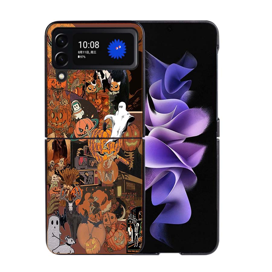 Halloween Herbst Kunst Hexe Katze Handyhülle Für Samsung Z Flip 7 6 5G Galaxy Z Flip4 Z Flip5 Z Flip3 Hülle Schwarze Harte PC Schale Prote