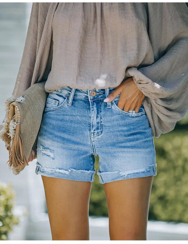 2023 Women's High Elastic Mid-Waist Ripped Denim Shorts