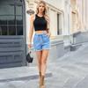 Elastic-waist Drawstring Casual High-waisted Furred Denim Shorts