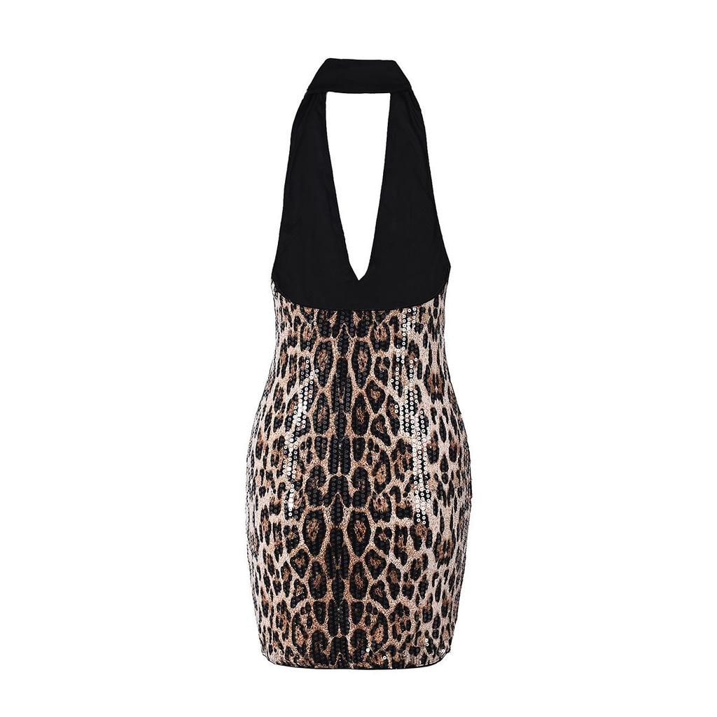 European & American Leopard Print Sexy Slim-Fit Deep V Backless Dress for Women