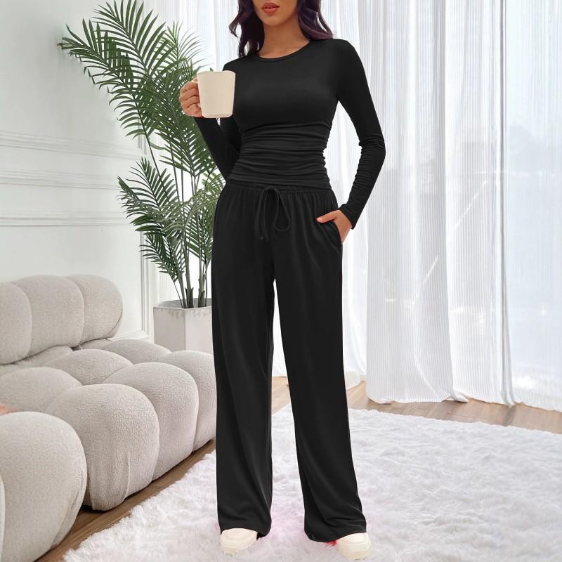 Womens 2-Piece Casual Set Long Sleeve Top Wide Leg Pants Solid Color Daily Wear