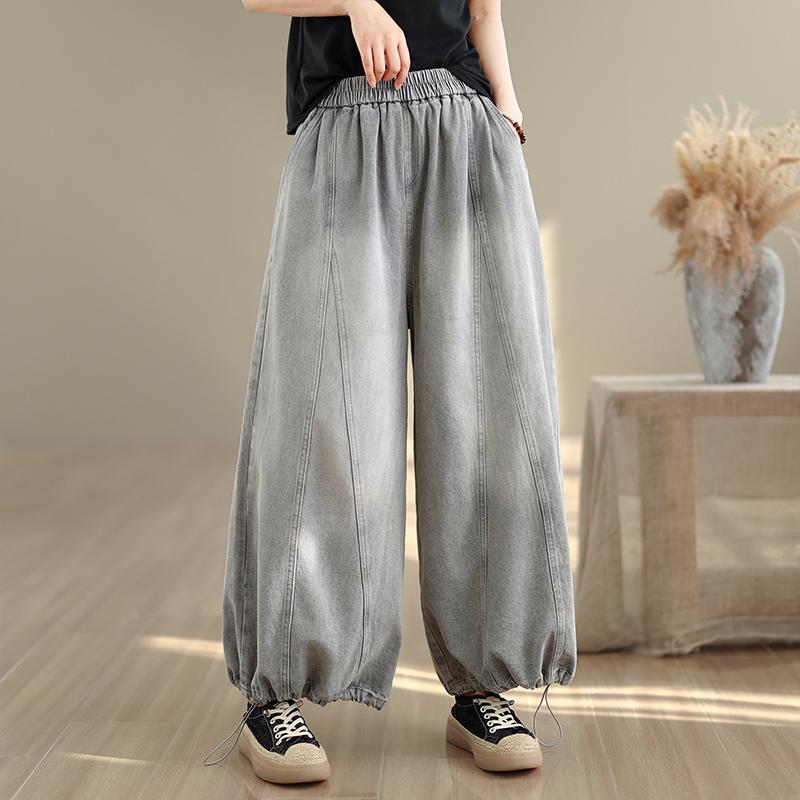 DIMANAF 2026 Summer New Plus Size Women Jeans Elastic Waist Long Pants Loose Casual Denim Cotton Trousers Vintaged