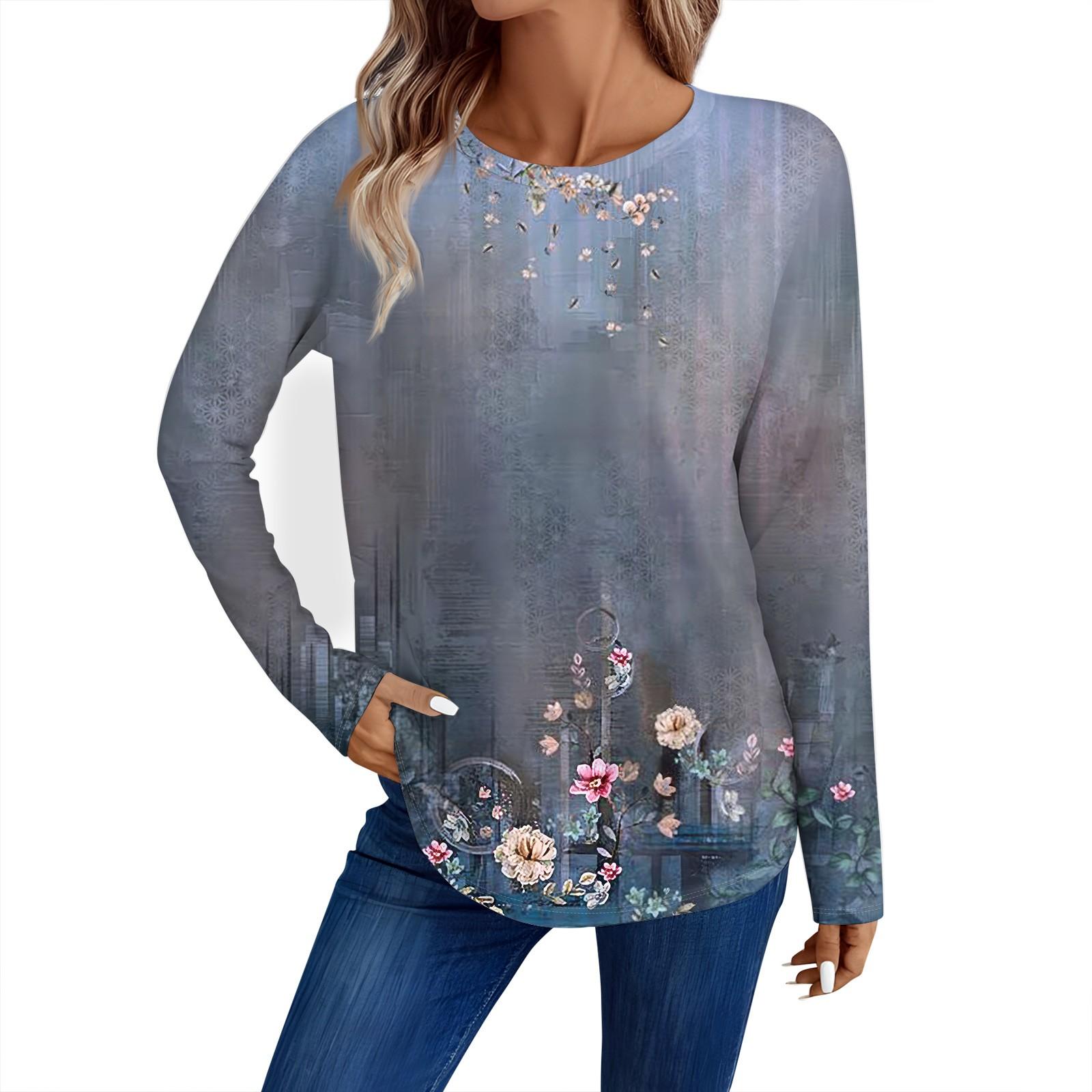 

Женская мода повседневный топ с длинным рукавом с цветочным принтом и круглым вырезом XXXL красный