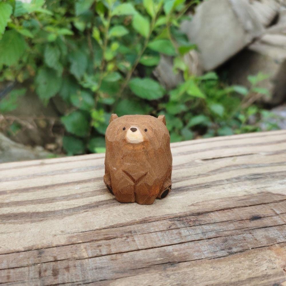 Creative Solid Wood Wooden Bear Figurines Hand Carved Realistic Polar Bear Ornament Cute Miniature Mini Bear Statue Balcony