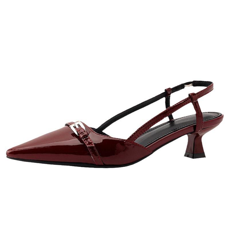 Baotou Sandals Women's Summer New Patent Leather Pointed Middle Heel Cat Heel Shoes French Temperament Small High Heels Empty Single Shoes
