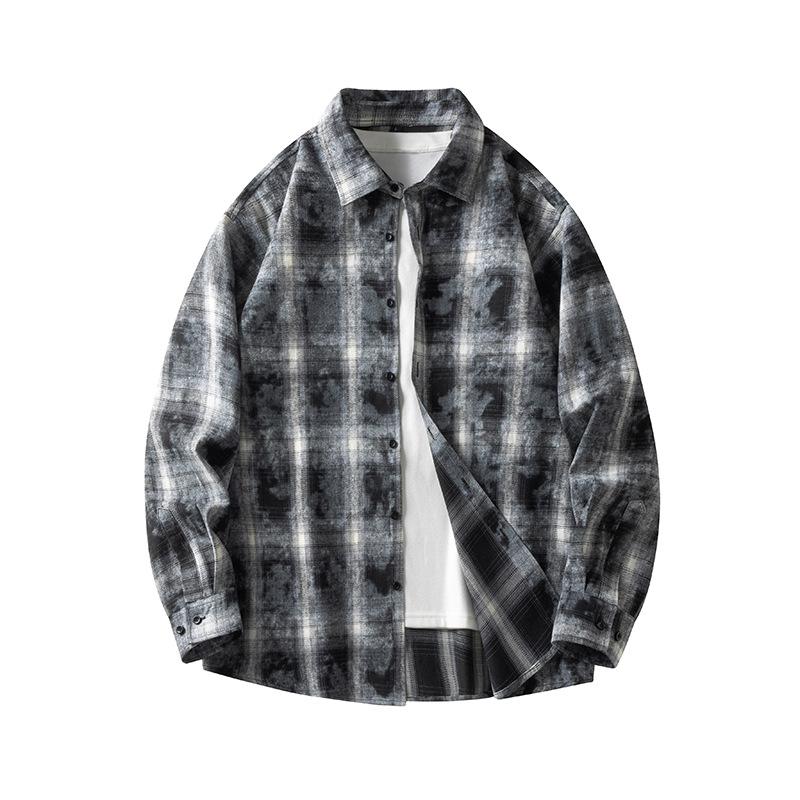 Tie-dye plaid long-sleeved shirts for men and women, autumn new trendy Hong Kong style casual jackets, youth tops
