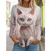2025 Autumn and Winter Women's Long Sleeve 3D Printed Cute Cat T-Shirt, Streetwear, Round Neck Long Sleeve