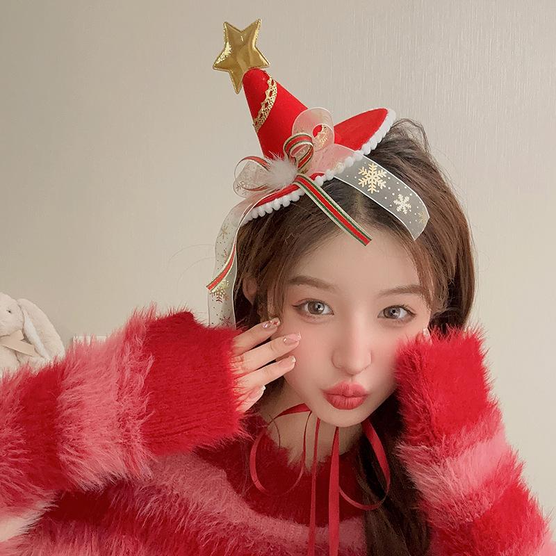 Women's Red 3D Bow Tie Reindeer Top Hat - Christmas Holiday Hair Accessory