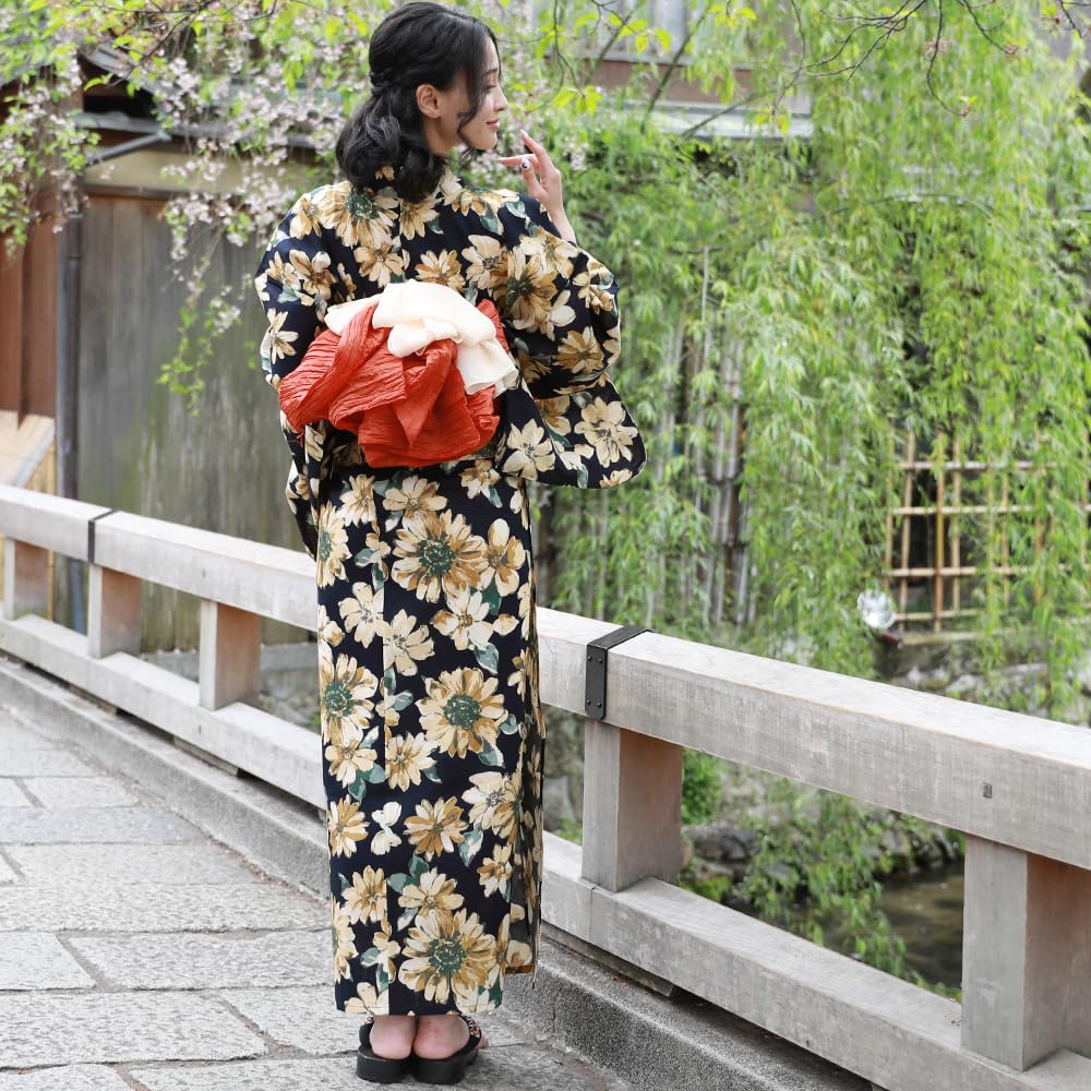 Adult Yukata Set Your Set with Heko Obi Beige Sunflowers on a Dark Navy (Choose Own) Two-Piece (Size L, 4. Background)