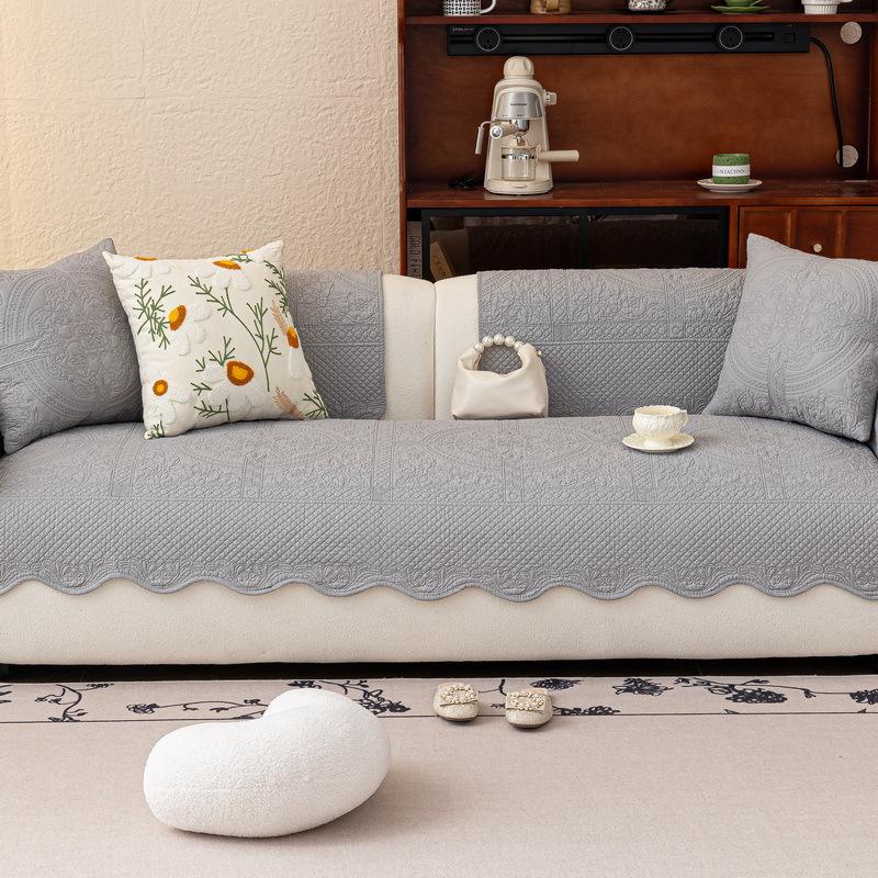 New Pure Cotton Fabric Sofa Cover, Universal Non-Slip French Cream Wind Sofa Seat Cushion Cover For All Seasons
