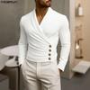 Mens V Neck Front Cross Long Sleeve Thin Casual Rib Short T-shirts Tops