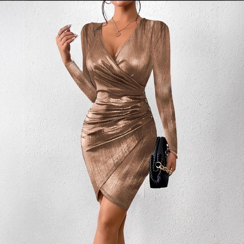 New Sexy Hip Wrap Fashion Collar Slit Solid Color Dress Women