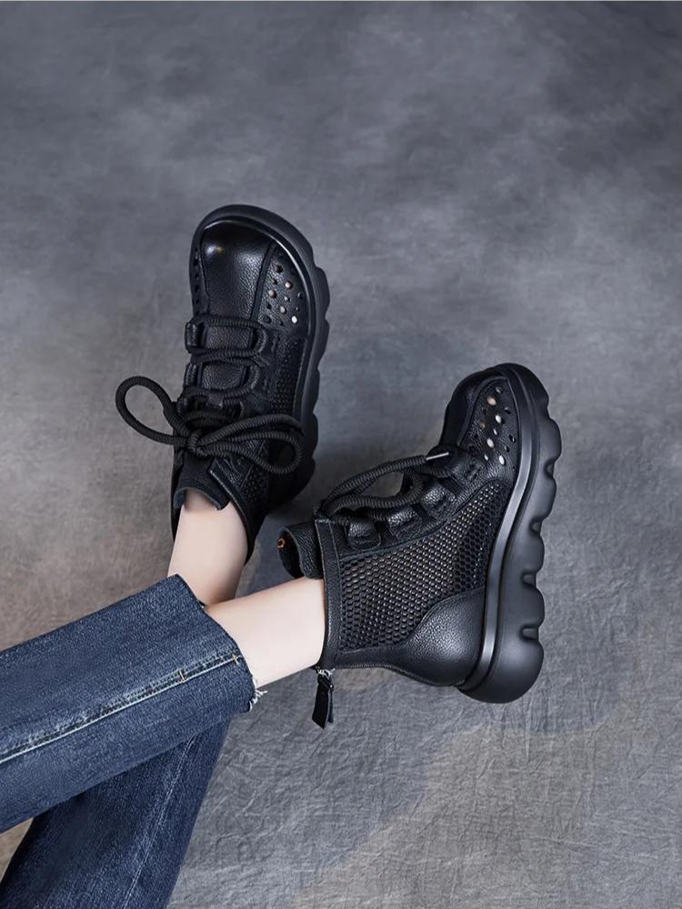 Johnature Genuine Leather Hollow-out Short Boots Mesh Breathable Thick Soled Women's Shoes