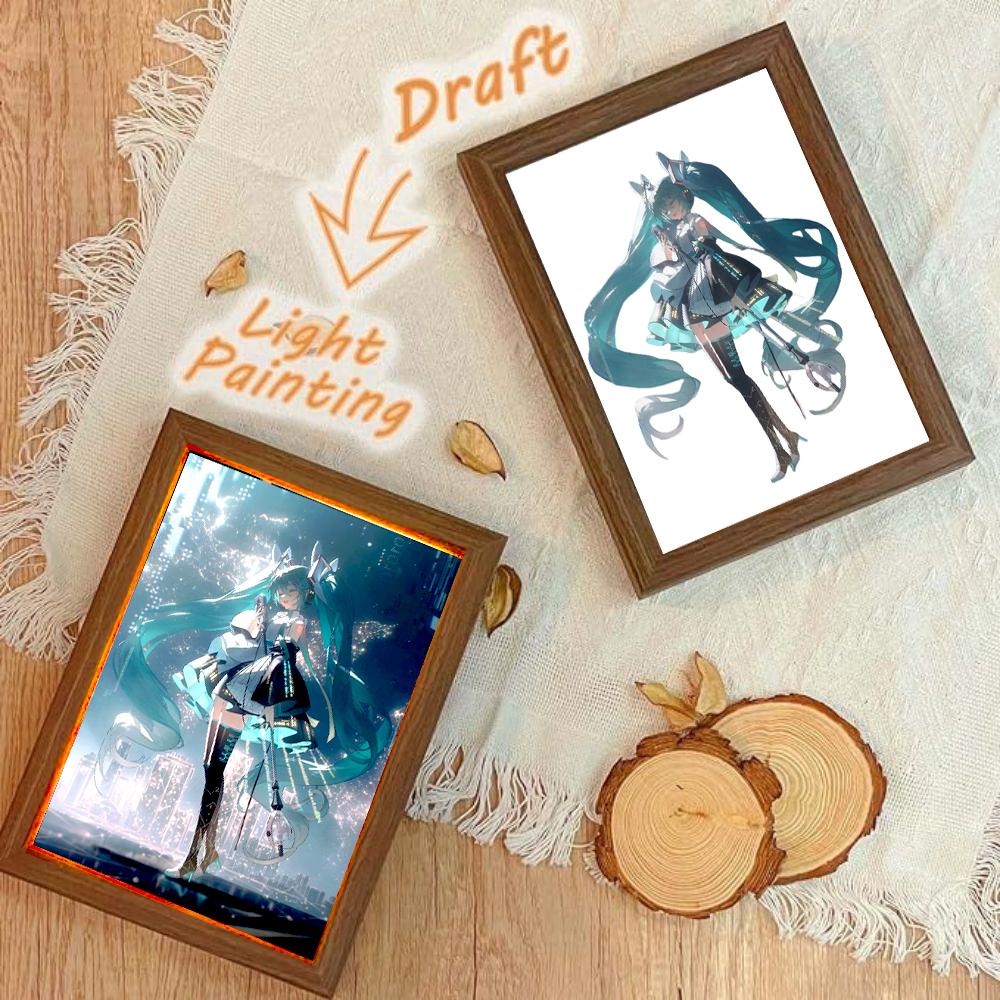 Anime Figure Hatsune Miku Light Painting Photo Frame Kawaii Action Figures Led Night Light PVC Collectible Model Toys Girl Gift