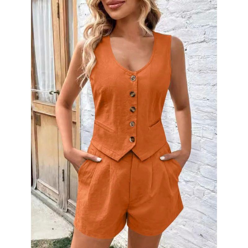 Solid Color V-neck Sleeveless Casual Suit Solid Color and V-neck Sleeveless Casual Suit