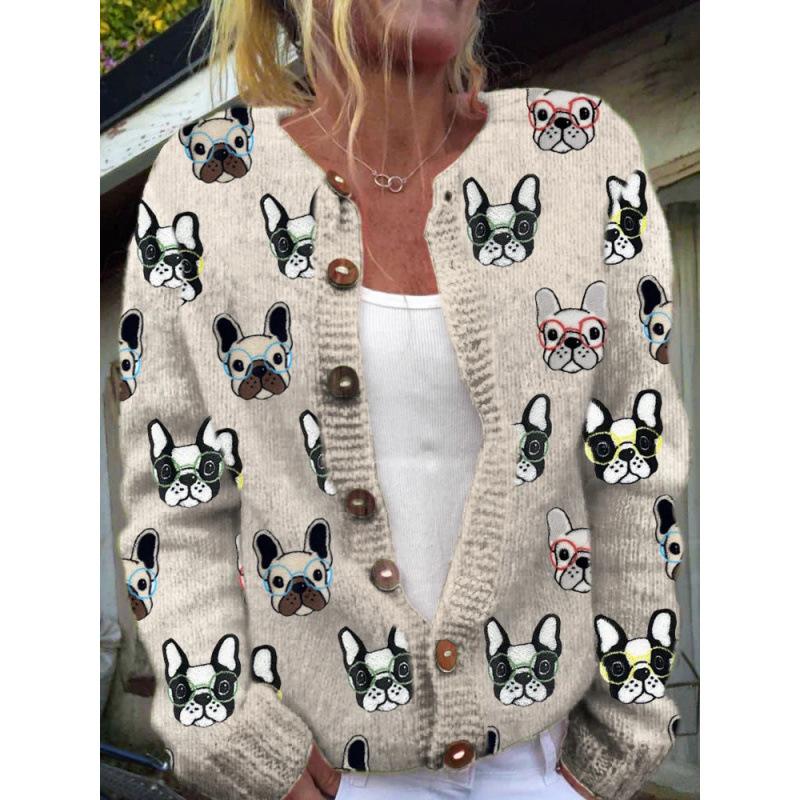 Cardigan Tricot Femme Col Rond Boutonnage Simple Imprimé Floral Manches Longues Vêtement d'Extérieur Décontracté