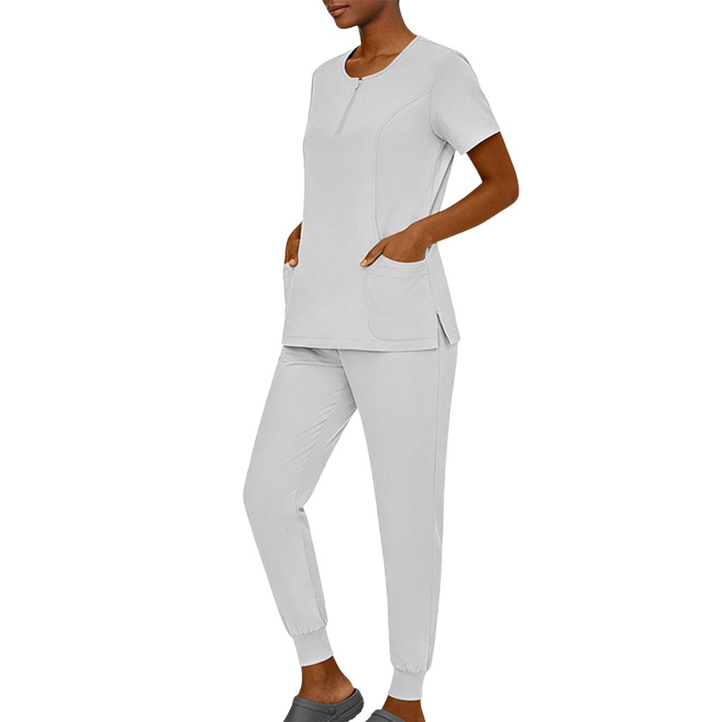 Women's Short Sleeved Color Round Neck Pocket Top Pants Work Clothes Two Piece Set