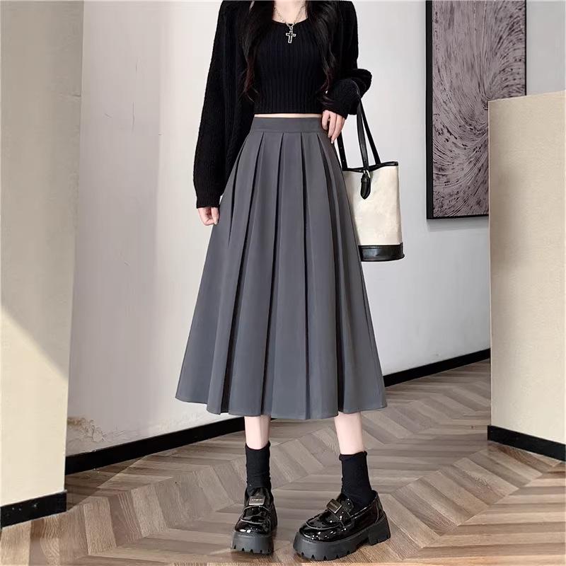 Plus Size Women's Woolen Pleated A-Line Midi Skirt, Age-Reducing Chic Design, Solid Color.