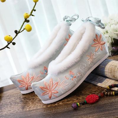 Floating and Velvet Winter New Warm Hanfu Shoes Antique Embroidered Shoes Cotton Shoes Inner Height Increase Head Bow Shoes Head Shoes