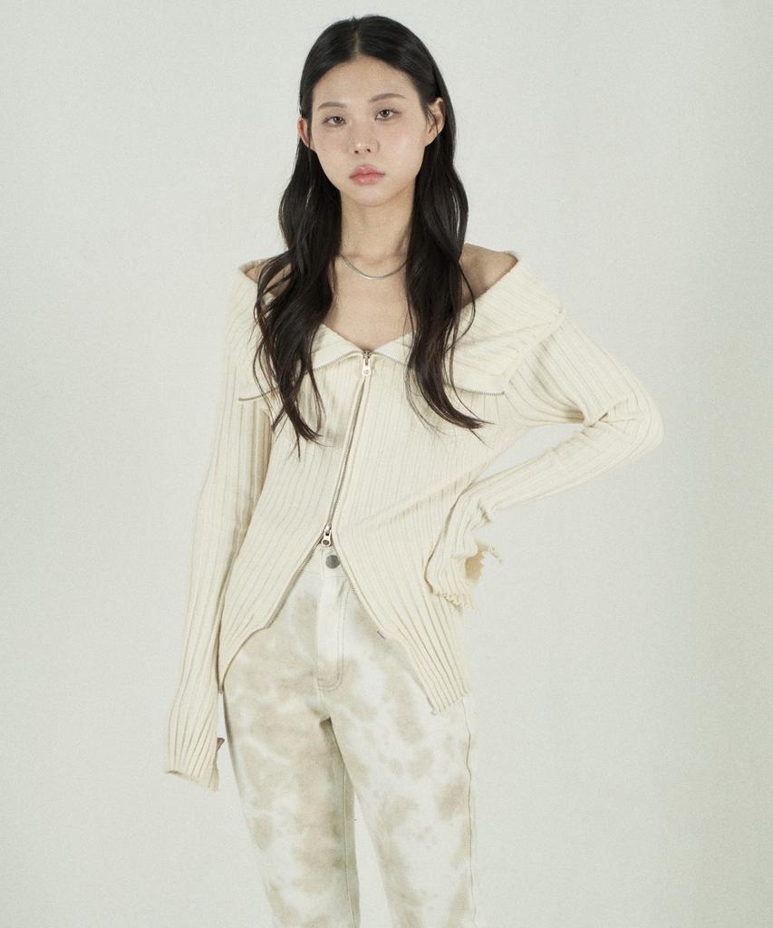 Tobaseu Off-Shoulder Two-Way Zip-Up Rib Knit (Ivory)
