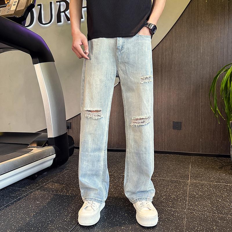 Washed Retro Ripped Jeans Men's Summer Thin Beggar Pants Straight Pants Spring and Autumn Casual Pants Commuter Long Pants