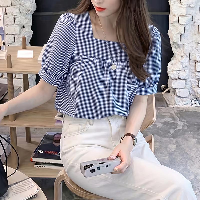 ZANZEA Women Grid Print Casual Square Collar Short Sleeve Blouse