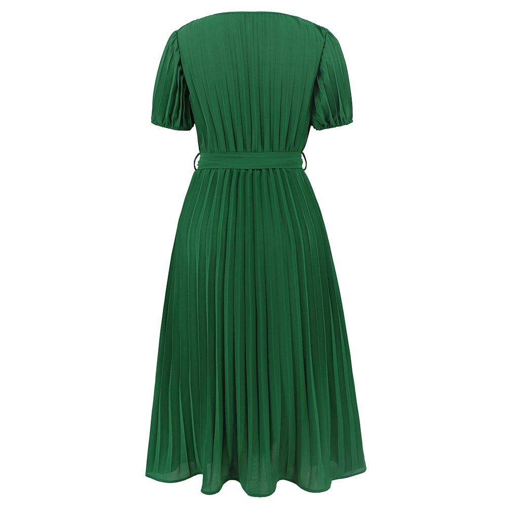 Damski dekolt w kształcie litery V, rękaw bąbelkowy, plisowany, jednolity kolor, szczupły temperament, długie sukienki
