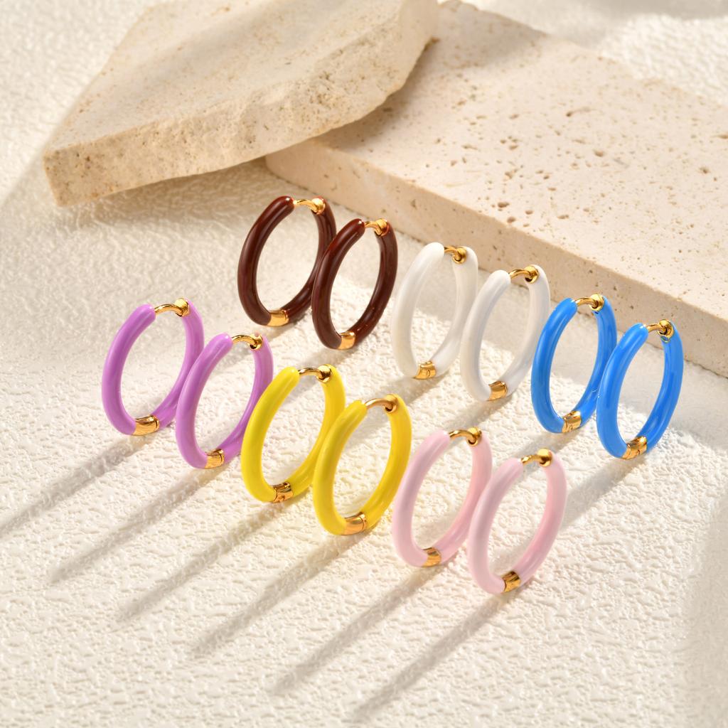 Fashion Minimalist Geometric Circle Huggie Hoop Earrings, Colorful Enamel Stainless Steel Small Hoops Jewelry for Women Ladies