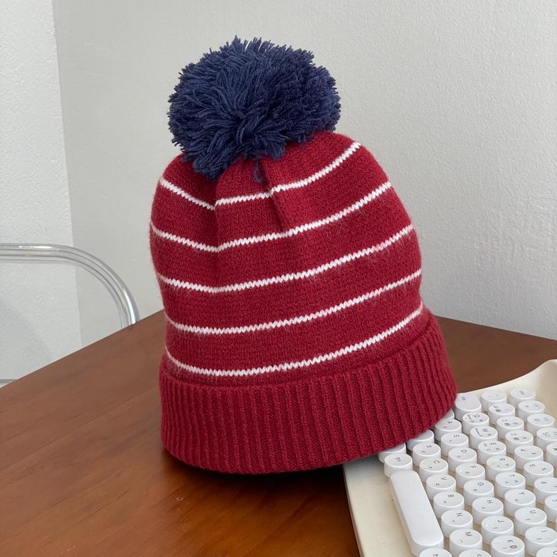 

Cute Fur Ball Hat Women s Autumn and Winter Wool Hat Winter Warm Knitted Striped Ear Protection Headset Pile Knitted Hat Adjustable