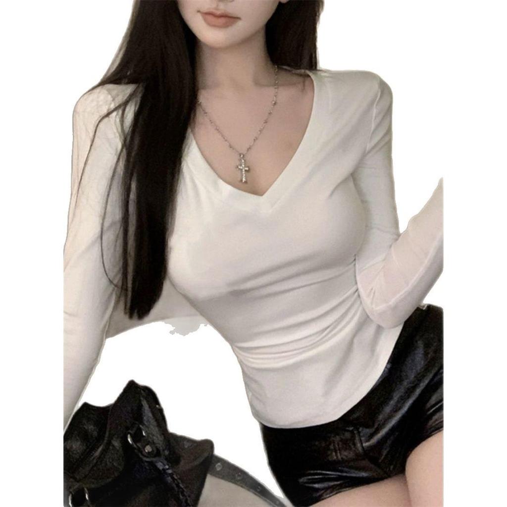 Women's Slim Fit V-Neck Long-Sleeve Solid T-Shirt, Autumn/Winter Korean Trendy Inner Wear.