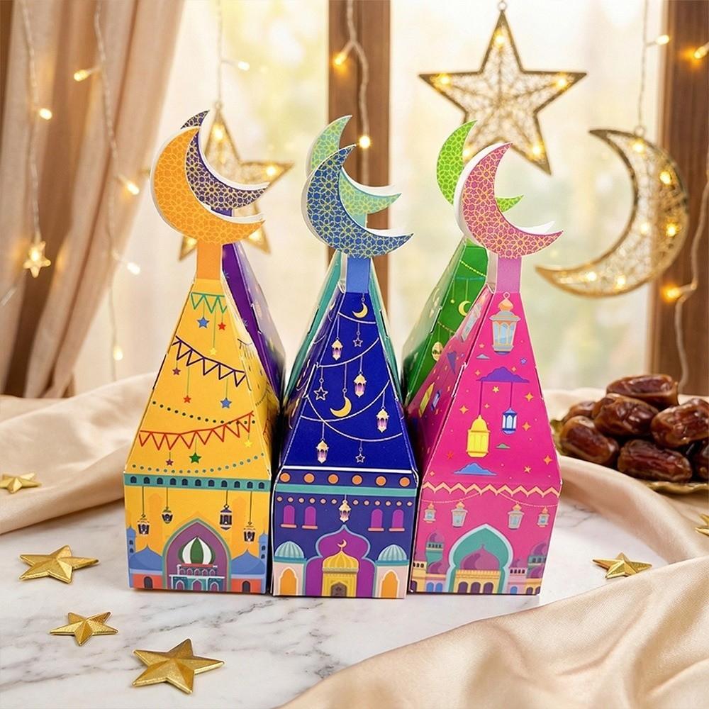 12Pcs Favor Bags Eid Mubarak Gift Box Moon Castle Pattern Candy Packaging Box  Muslim Festival