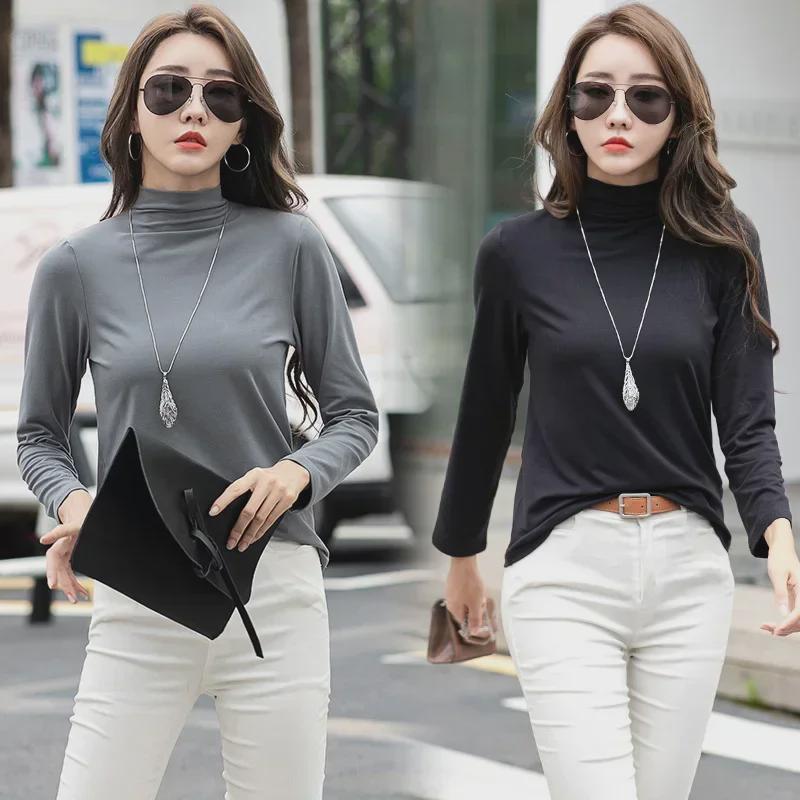 Women's Black Milk Silk Long Sleeve Half Turtleneck T-Shirt with Plus Velvet, All-Season, 2025 New Style