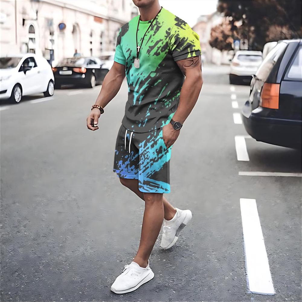 Summer Men Clothing Quick Dry Short Sleeve T Shirt Shorts 2 Piece Sets Print Men's Oversized Tracksuits Street Sportswear Suits