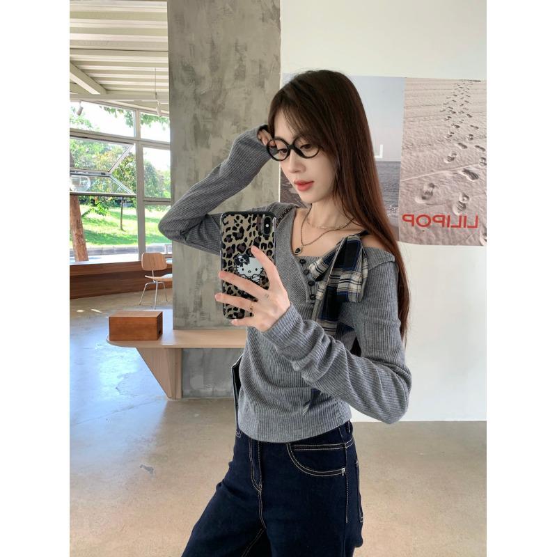 Chic Korean Grey One-Shoulder Bow T-shirt for Women - Sweet and Spicy Spring/Autumn Style