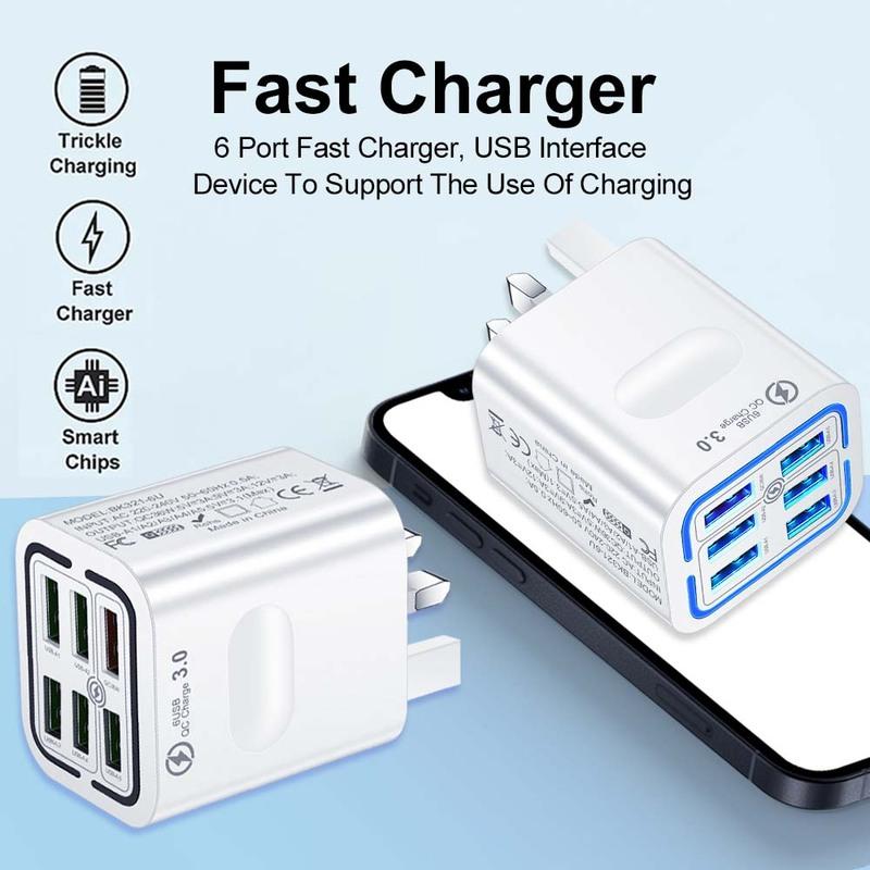 6-Port USB Charger Mobile Phone Fast Charging Wall Adapter for iPhone Xiaomi Samsung Huawei US/UK Plug