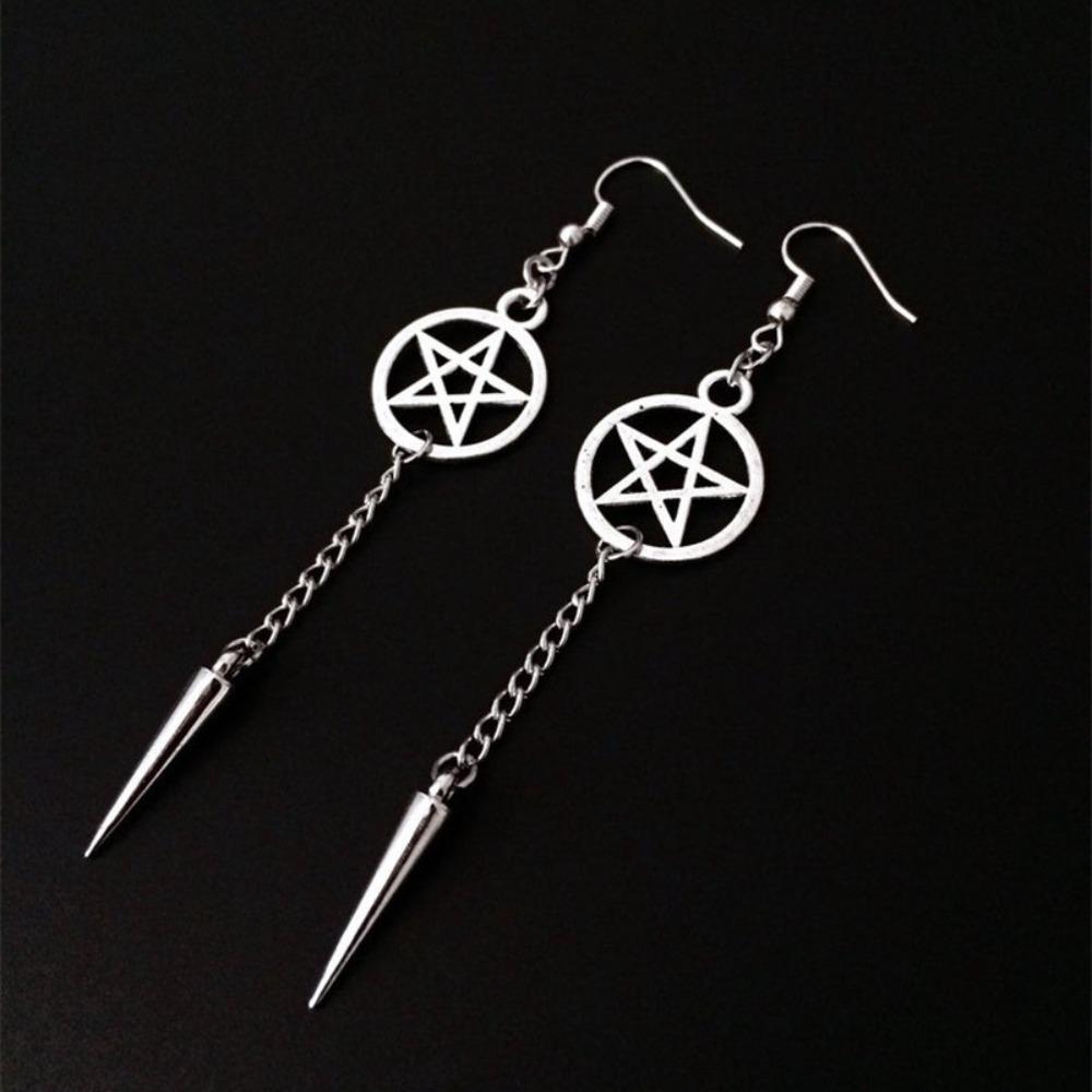Personality Gothic Sliver Color Five-pointed Star Sword Dagger Tassels Dangle Earrings for Women Hallowmas Party Jewelry Gifts