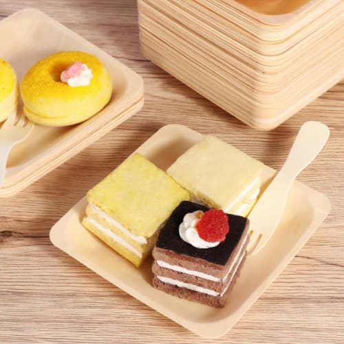 OUNONA Party Disposable Wooden Plates, Square, Stylish, Adult Size, Small, 14cm, 100 Pieces, Birthday, Candy Plates, Party Disposable Tableware, Squar
