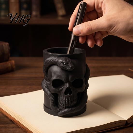 3D Printed Ornament Skull & Snake Pen Holder, Gothic Pencil Collectible Figurine Desk Organizer for Makeup Brush Stationery Storage, Halloween