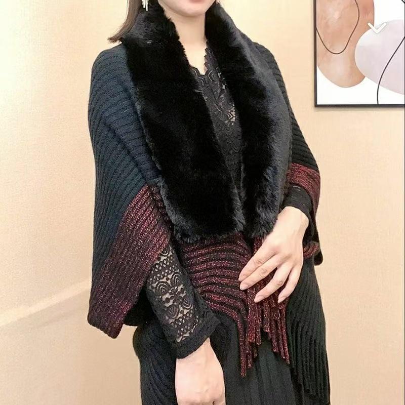 Autumn & Winter High-End Knit Cardigan: Color-Blocked Cloak Shawl with Large Fur Collar & Tassels, Korean Style Outerwear.