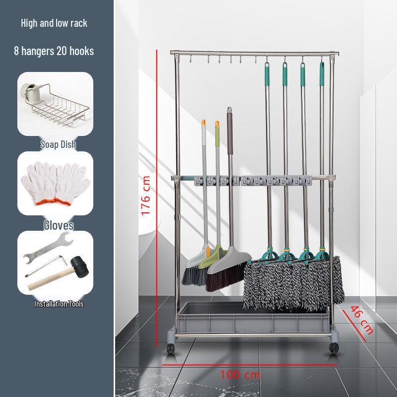 Movable Stainless Steel Mop Storage Rack with Hooks for Floor-Standing Draining in Schools and Factories