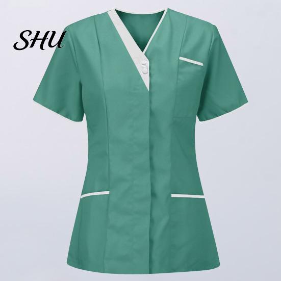 Tops Uniforme Camici da Infermiere Traspiranti Donna Scollo a V Manica Corta Tasche Top Scrub Tute Uniformi Patchwork Colore Design Lavoro Infermieristico