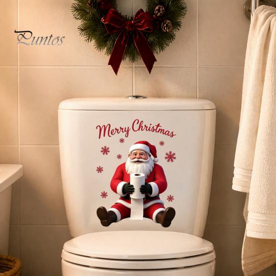 Festive Party Wall Murals Santa Claus Toilet Sticker, Waterproof PVC Christmas Bathroom Decal for Decorative Snowflake Appliques Home Decoration,